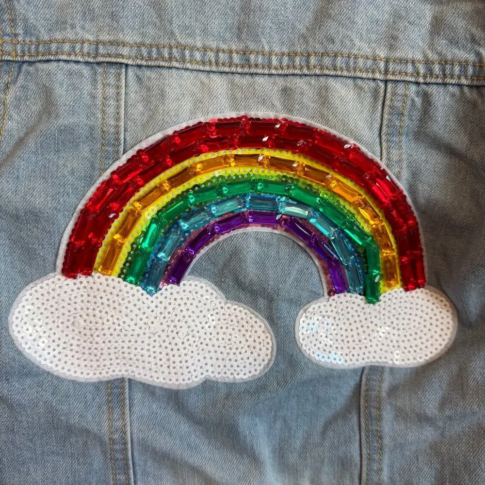 Lola + The Boys Girl's Somewhere Over The Rainbow Sequin Denim Jacket Blue 4